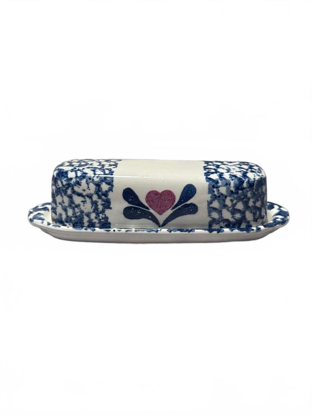 Vintage Blue Spongeware Red Heart Pottery Butter Dish w/ Lid Farmhouse Stoneware